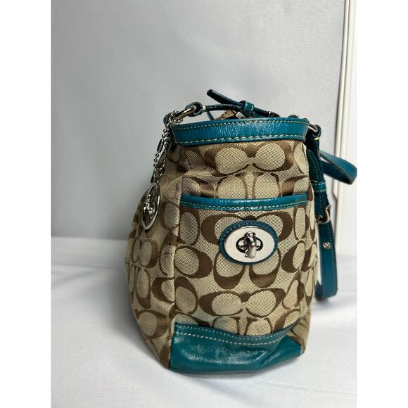 Coach Signature Pleated East West Gallery Shoulder Bag, Green and Tan - Picture 13 of 16